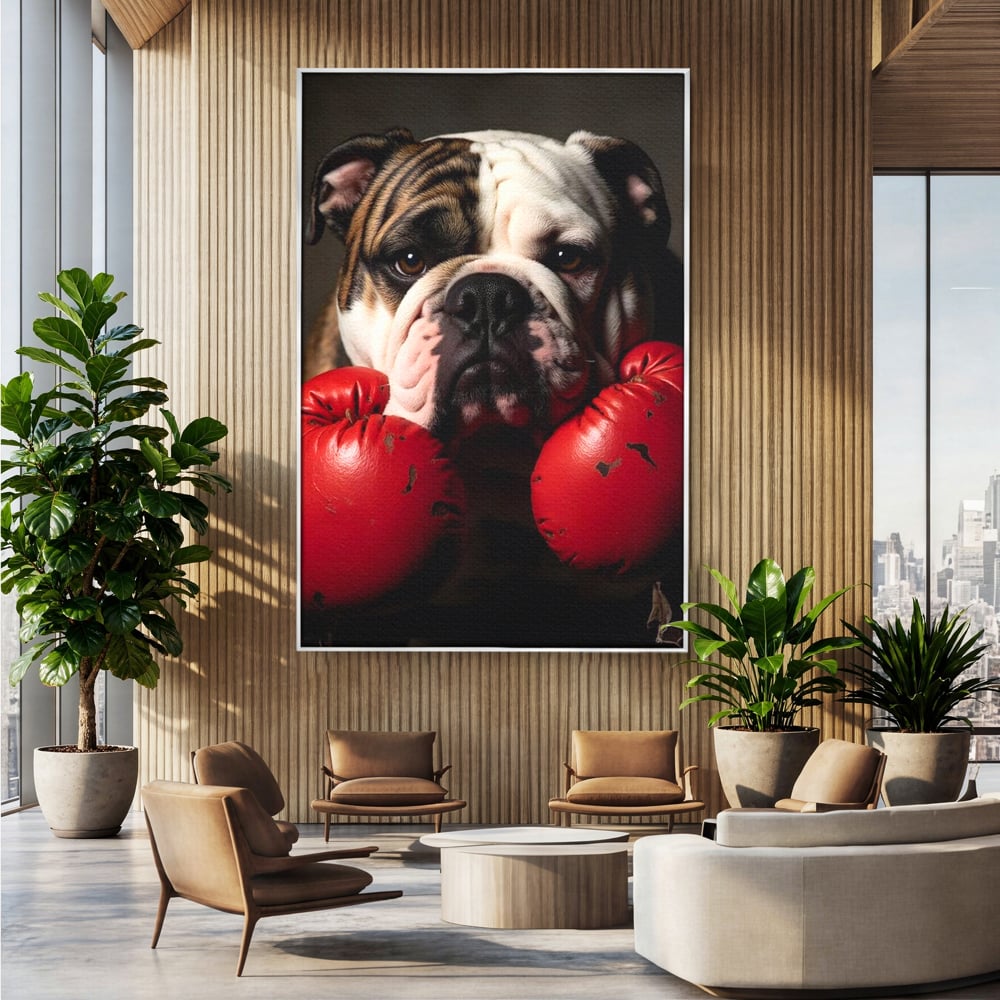 Tablou canvas cu tablou canvas cu bulldog in manusi de box, in rama de aluminiu argintiu, pe perete intr-un birou